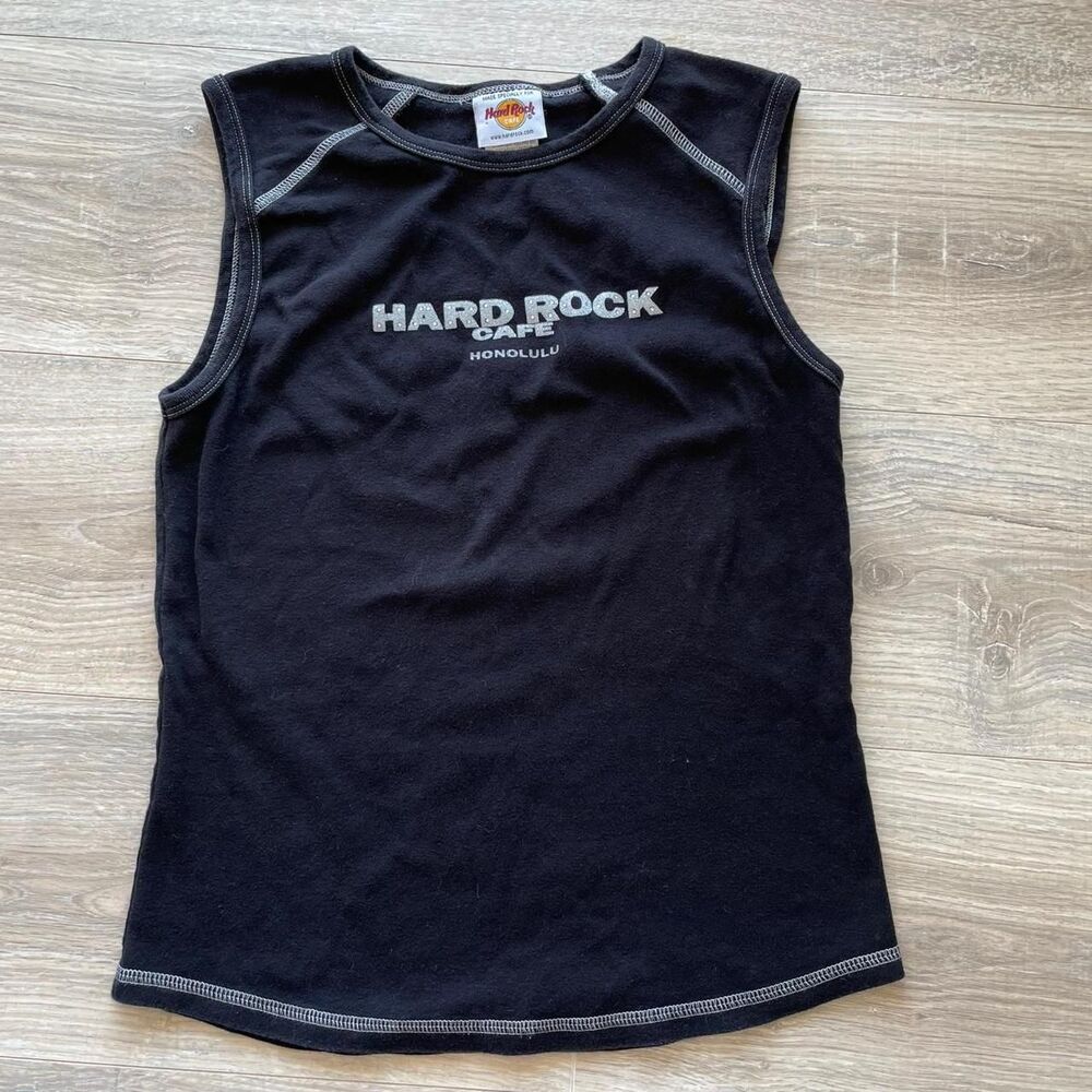 Vintage Y2K Black Hard Rock Cafe Honolulu Rhinestone Tank Top Biker Indie Sleaze